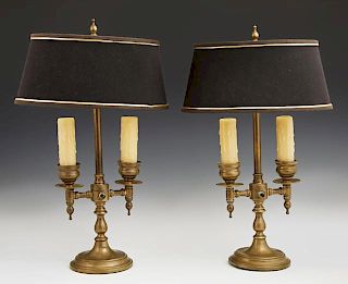Pair of Brass Two Light Bouillotte Lamps, 20th c.,