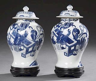 Pair of Large Chinese Blue and White Covered Jars,