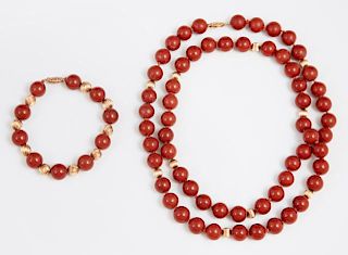 14K Yellow Gold and Red Coral Bead Necklace and Br