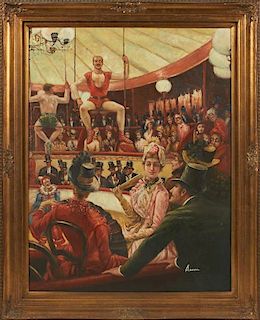 Chinese School, "At the Circus," 20th c., oil on c