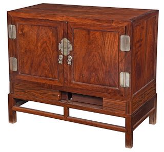 Chinese Paktong Mounted Huanghuali Cabinet on Stand