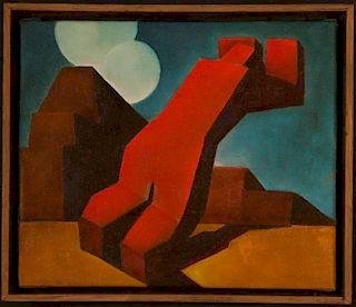 ABSTRACT OIL ON PANEL ATTRIBUTED RUDOLPH HESS (CALIFORNIA 20TH C.)