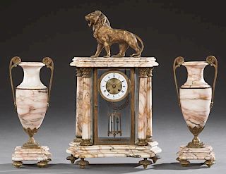 French Three Piece Gilt Bronze and Pink Marble Clo