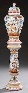 Italian Faience Covered Urn on Stand, 20th c., wit