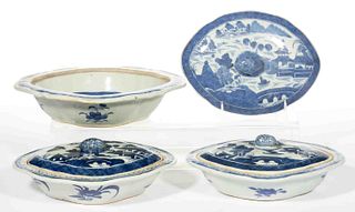CHINESE EXPORT PORCELAIN BLUE AND WHITE CANTON COVERED DISH ARTICLES, LOT OF FOUR