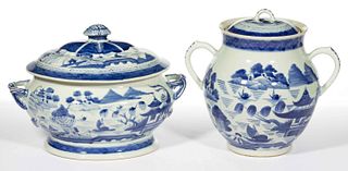 CHINESE EXPORT PORCELAIN BLUE AND WHITE CANTON COVERED TABLE ARTICLES, LOT OF TWO
