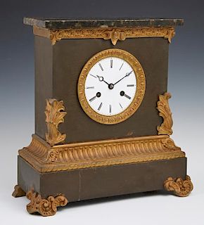 French Gilt and Patinated Spelter Mantel Clock, c.