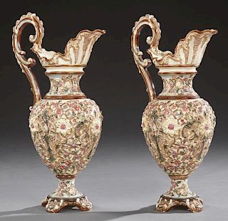 Pair of Large French Majolica Ewers, c. 1880, with