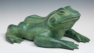 Patinated Bronze Frog Fountain Figure, 20th c., H.