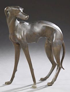 Large Patinated Bronze Figure of a Standing Greyho