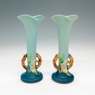 2pc Roseville Pottery Bud Vase, Blue Apple Blossom