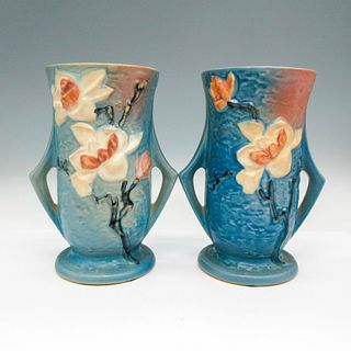 2pc Roseville Pottery Vase, Blue Magnolia 7" Tall