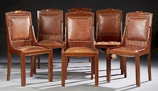Set of Six French Carved Mahogany and Leather Dini