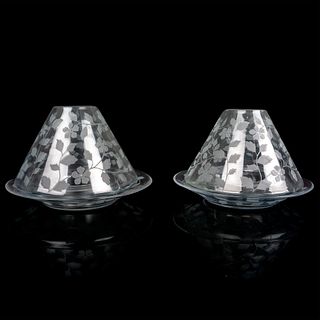 Pair of Etched Glass Candle Jar Shades with Plates