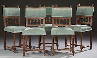 Set of Five Henri II Style Carved Walnut Upholster