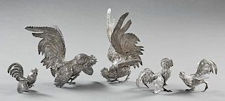 Group of Five Silvered Metal Rooster Table Garnitu
