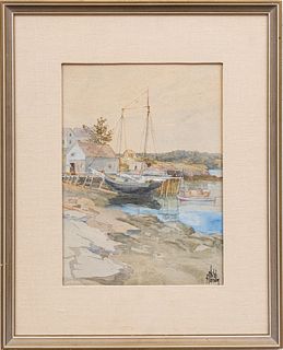 Childe Hassam (American, 1859-1935) Watercolor on Paper, C. 1885, View of Rockport Inner Harbor, H 12.25" W 9.25"