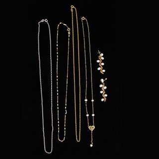 Five pc lot of 14K Gold Chains and Pearl necklace and earrings