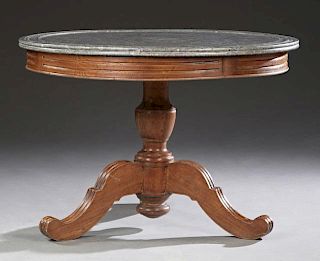 French Empire Carved Oak Marble Top Center Table,