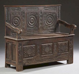 French Carved Walnut Hall Bench, 19th c., Brittany