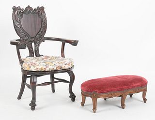 Carved Armchair and Low Foot Stool