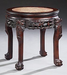 Chinese Carved Mahogany Marble Top Tabouret, early
