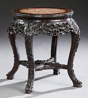 Chinese Carved Mahogany Marble Top Tabouret, early
