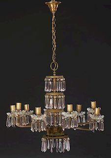 French Brass Nine Light Chandelier, c. 1930, with