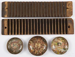 Three cigar label glass dishes, ca. 1900, largest - 6'' dia., together with a cigar mold.