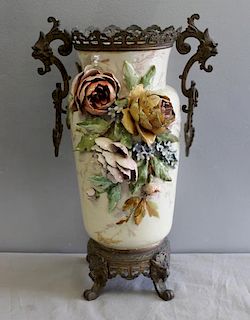 Emile Galle Majolica Style Vase With Gilt Metal