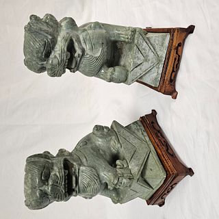 Pair of Green Stone Fu Dogs with Stands
