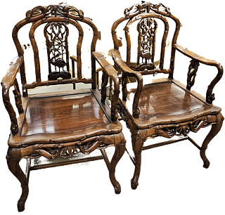 Pair of Asian Carved Bamboo Crane Chairs 