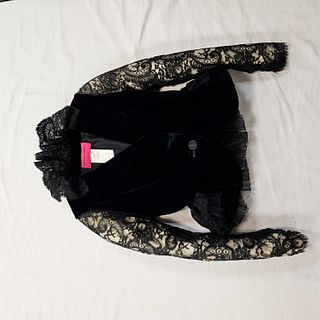 Christian La Croix Black Velvet Peplum Jacket with Lace Sleeves