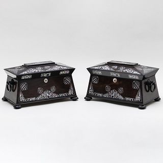 Pair of Early Victorian Mother-of-Pearl Inlaid Ebony Sarcophagus Tea Caddies 