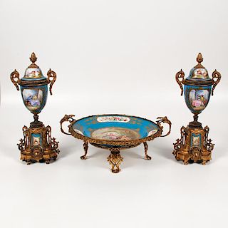 Sevres Center Bowl with Urns, Lot of Three