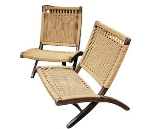 Pair Vintage Hans Wegner Style Folding Rope Chairs