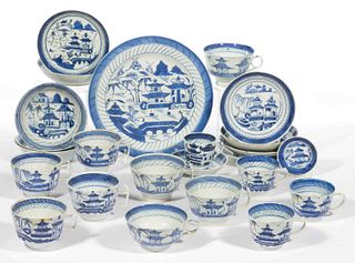 CHINESE EXPORT PORCELAIN BLUE AND WHITE CANTON TEA AND TABLE ARTICLES, LOT OF 24