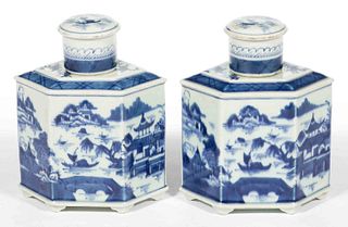 CHINESE EXPORT PORCELAIN BLUE AND WHITE CANTON PAIR OF TEA CADDIES