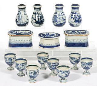 CHINESE EXPORT PORCELAIN BLUE AND WHITE CANTON TABLE ARTICLES, LOT OF 15