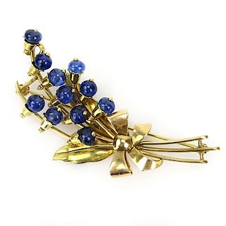 Vintage Cabochon Sapphire and 18 Karat Yellow Gold Floral Spray Brooch