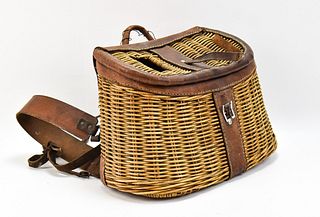 VINTAGE WICKER AND LEATHER FISHING CREEL