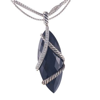 David Yurman Cable Wrap Silver Diamond Onyx Pendant Necklace