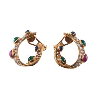 18k Gold Diamond Emerald Ruby Sapphire Hoop Earrings