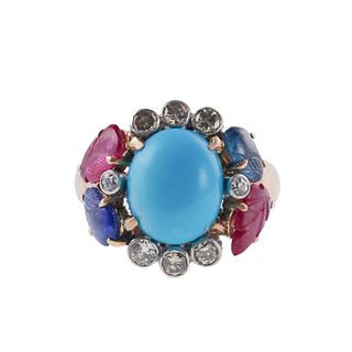 14k Gold Turquoise Diamond Ruby Sapphire Ring