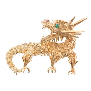 Cartier 18k Gold Ruby Emerald Dragon Brooch Pin