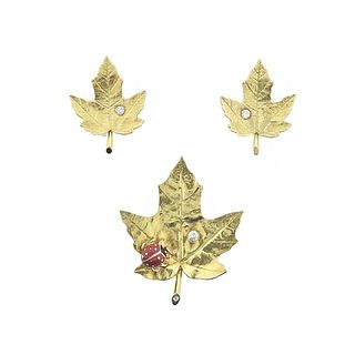 Mid Century 14k Gold Diamond Ladybug Enamel Leaf Earrings Brooch Set