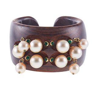 18k Gold Wood Emerald Pearl Cuff Bracelet