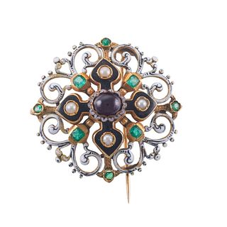 Austro-Hungarian 18k Gold Pearl Garnet Emerald Enamel Brooch Pendant
