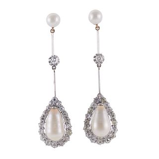 Antique 18k Gold Natural Pearl Diamond Drop Earrings