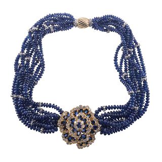 18k Gold 14ctw Diamond Sapphire Bead Necklace